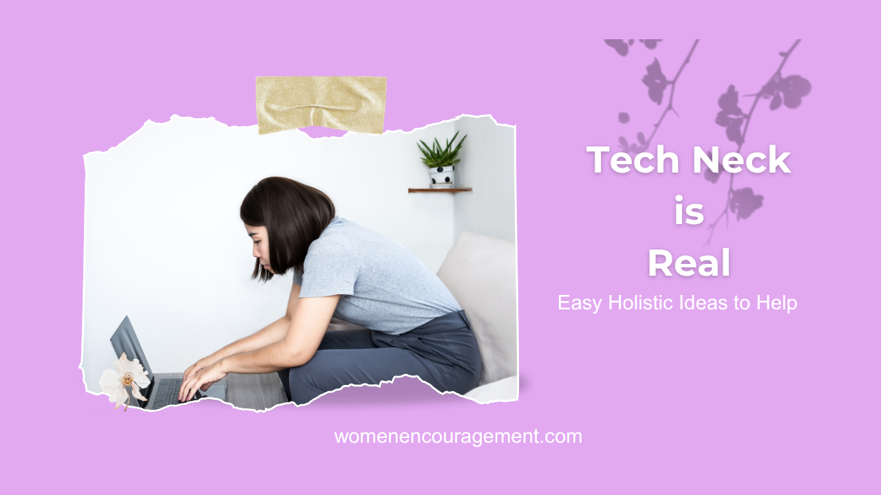 Tech Neck is Real. Woman hunched over lap top